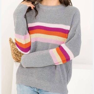 THML Rainbow Stripe Gray Sweater with Pink and Orange Stripes | XS